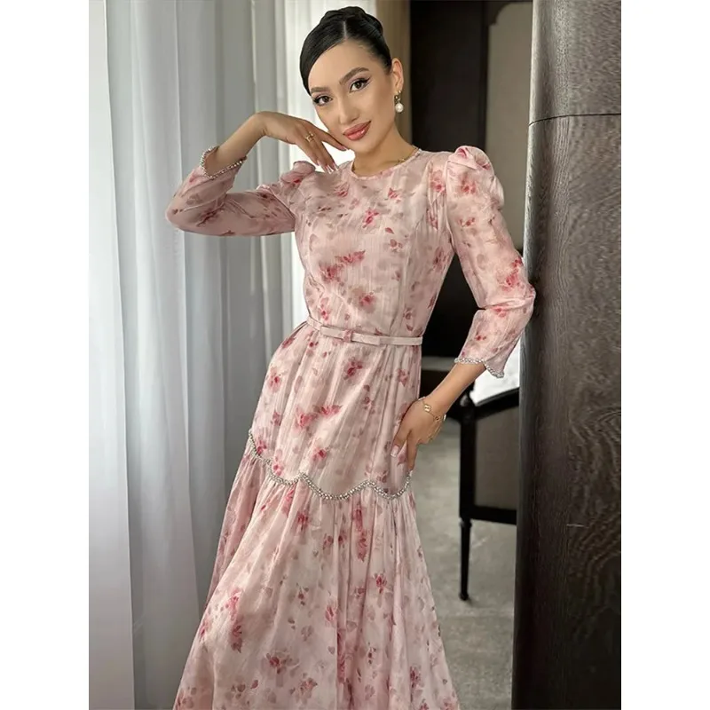 꽃 프린트 쉬폰 여성 드레스 3/4 오-넥 로맨틱 프렌치 비치 롱 드레스 여름 휴가 레이디 비치웨어