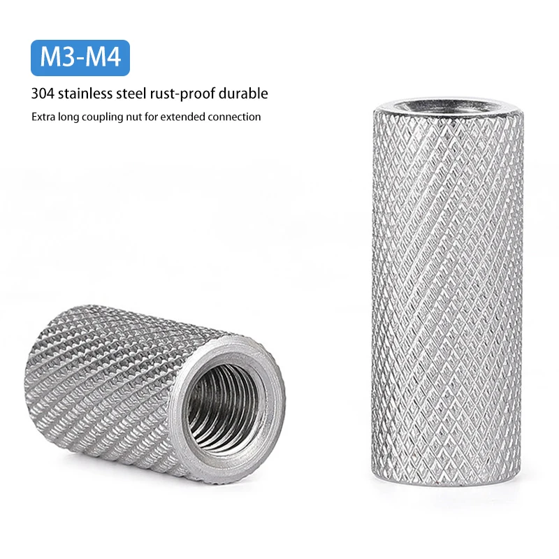 Extra Long 304 Stainless Steel Knurled Link Nuts, Anti-Rust Mesh Texture Hand Tighten Adjustment Thumb Nuts M3 M4 10Pcs Pack
