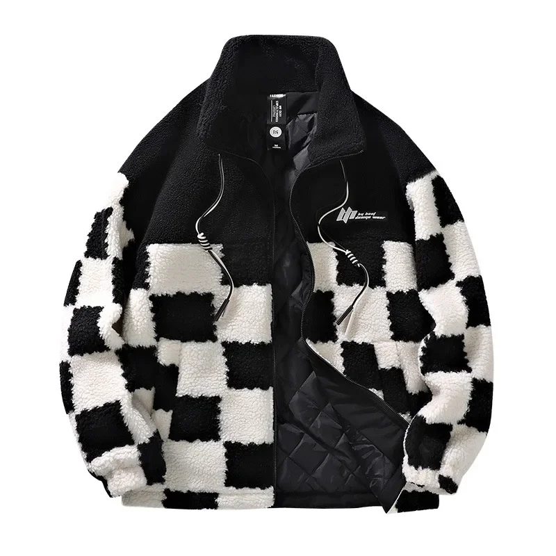 Men's Fleece Coat Women Loose Fashion Plaid Graphic Zipper Jacket Winter Soft Warm Harajuku Turtleneck Male Fleece Coats