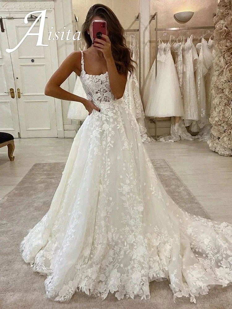 Princess Wedding Dresses Sqare Collar Lace Appliques Beach Bridal Gowns Spaghetti Straps Boho Country Wedding Gown Customized