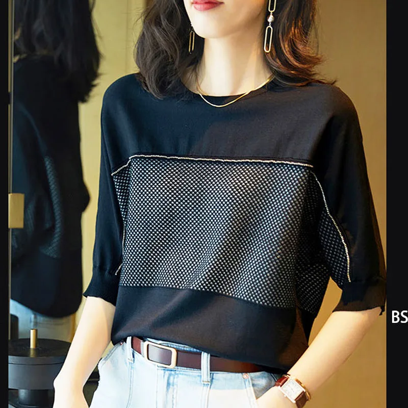 Round Neck Pullovers for Women, Vintage Three Quarter Blouses, Korean Top T-Shirt, Elegant Fashion, Temperament Creative, New,