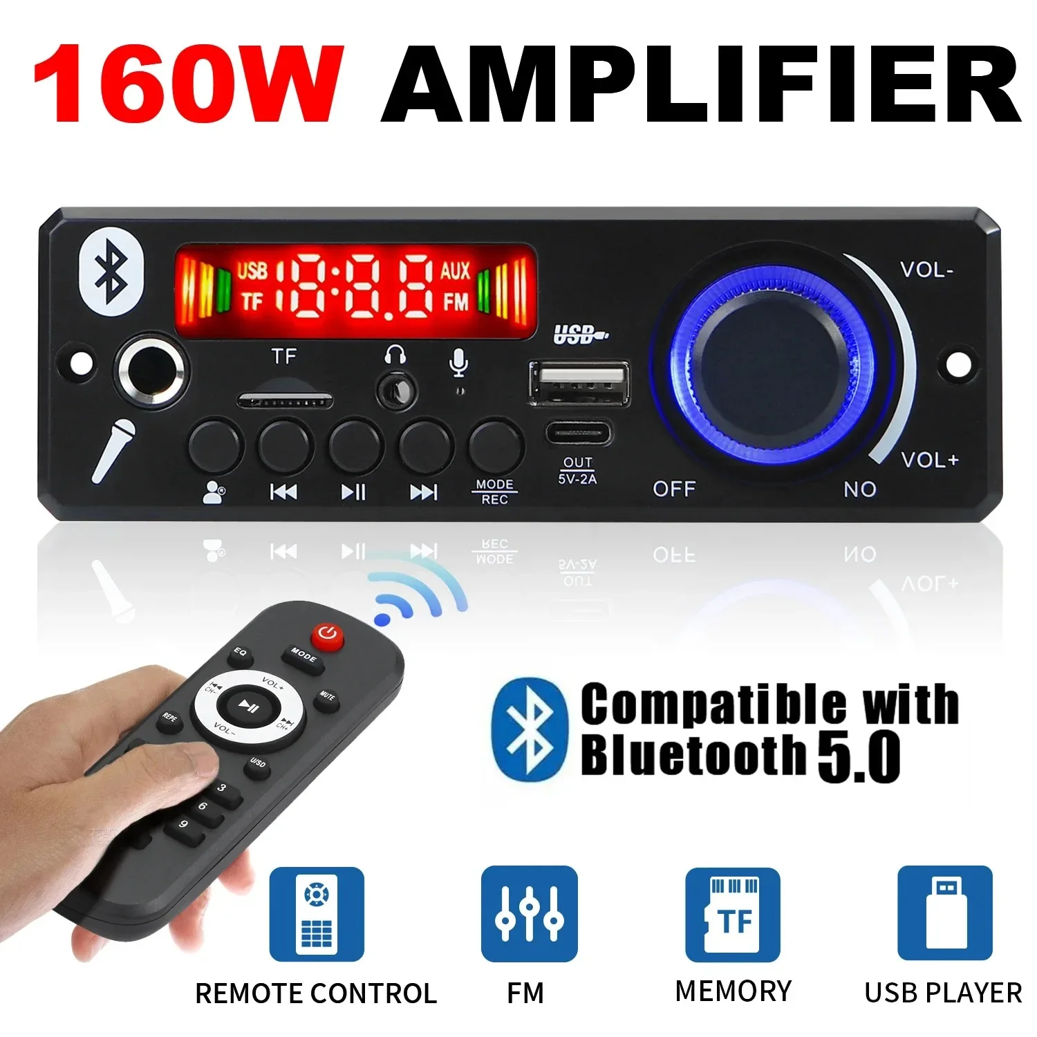 KEBIDUMEI Amplificador de 160W con Bluetooth, Decodificador MP3 WMA, 12V 80W, Manos Libres, Micrófono para Auto, USB, TF, Radio FM, Reproductor MP3 DIY