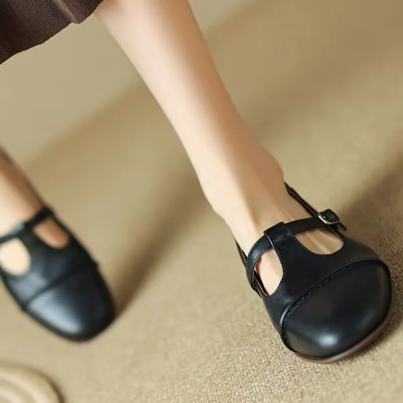 New Retro Women's Oxford Shoes Low Heels T Strap Shoes for Female Black Buckle Strap Leather Shoes Girls