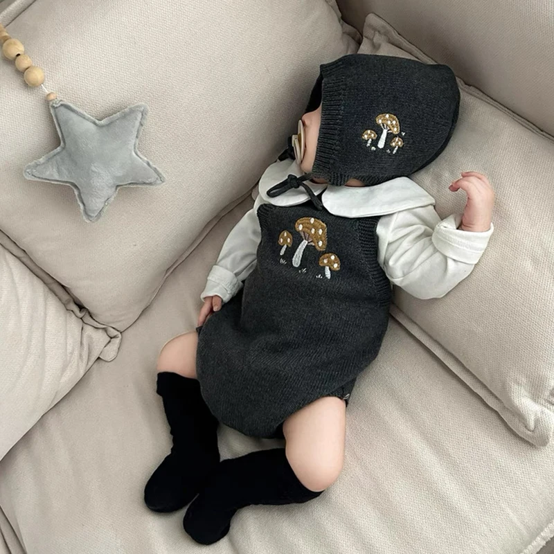 Neue Herbst Säuglingsspielanzug Baby Mädchen Gestrickte Overall + Hut Ärmellose Stickerei Kleinkind Baby Mädchen Stricken Romper Baby Kleidung