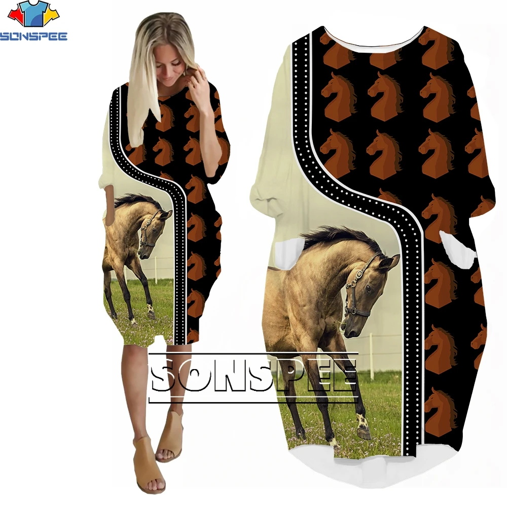 SONSPEE Beautiful Horse Graphic Hip Hop 3D Printed Long Sleeve Love Horse Pocket Skirts Loose Dress Casual Robe Women's  Gown