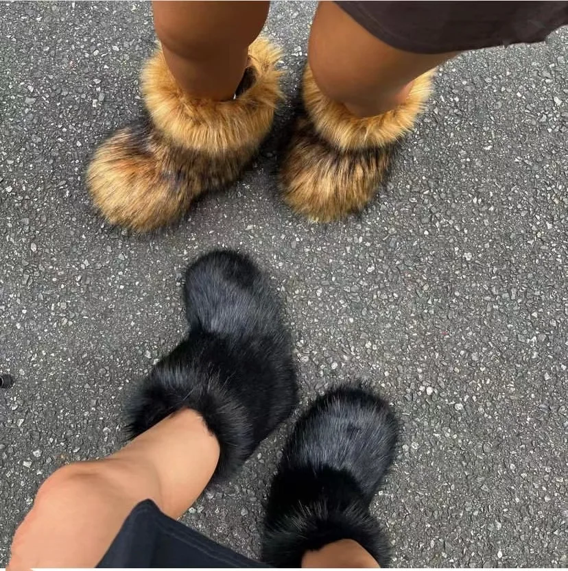 Fashion Winter Warm Fluffy Faux Fur Snow Boots Thick Plush Mid-calf Boots Essential Warm Windproof Shoes Cotton Rubber Shoes