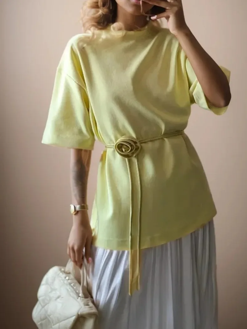 

Solid Color O-neck Midi Long T-shirt Loose Short Sleeved Top Women Summer New Fashion Women Handmade Rose Decoration T-shirt