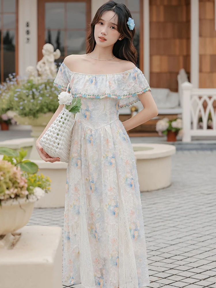 2025 Boho Floral Chic Ruffledหน้าอกห่อชุดฤดูร้อนElegant Bodycon A-Lineชุดยาวผู้หญิงใหม่เกาหลีแฟชั่นพรหมชุด