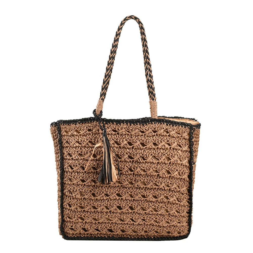 Women Weaving Handbag Hollow Out Tassel Shoulder Bag with Short Handle Solid Color Ladies Summer Beach Bag