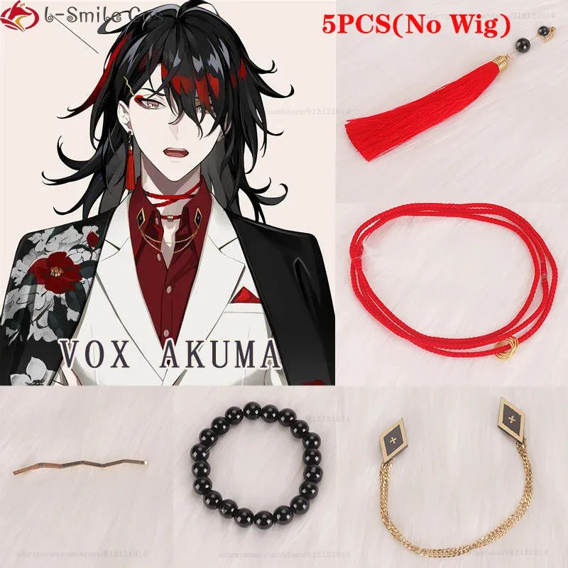 Vtuber Luxiem Vox Akuma شعر مستعار تأثيري طويل 50 سنتيمتر الأسود يسلط الضوء على مقاومة للحرارة الاصطناعية هالوين حفلة أنيمي الباروكات + غطاء شعر مستعار