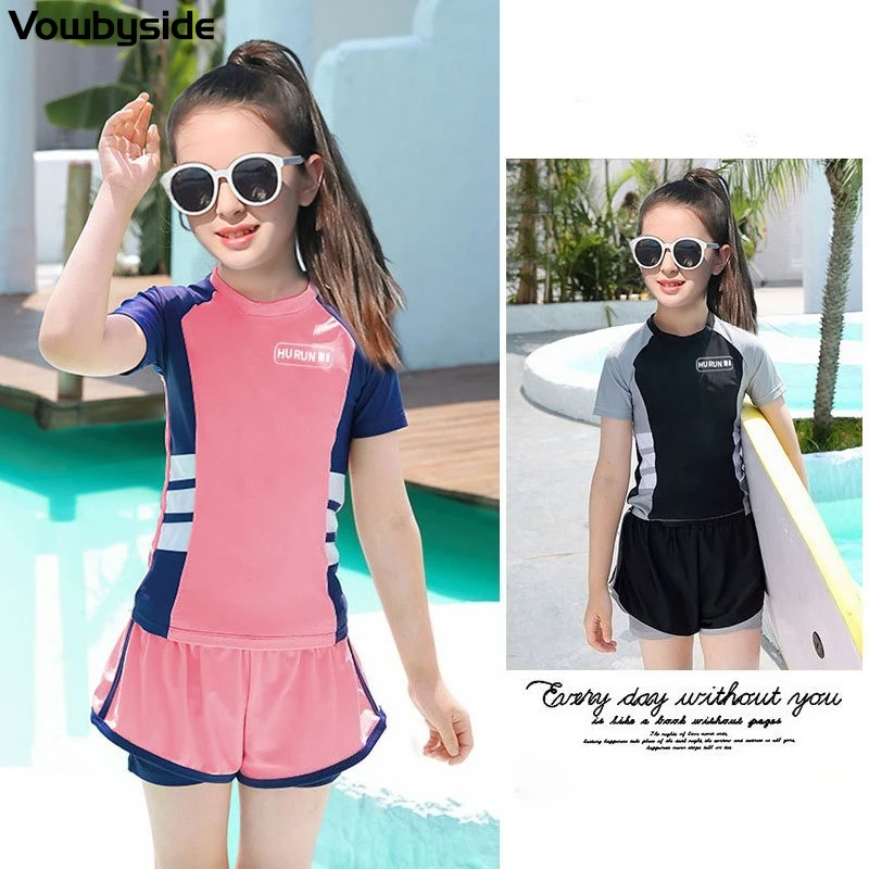

5-15Y Girls Swimsuit Two-piece Wetsuit Short Sleeved Children's Sweat Suit Beach Wear Quick-drying Swimwear
