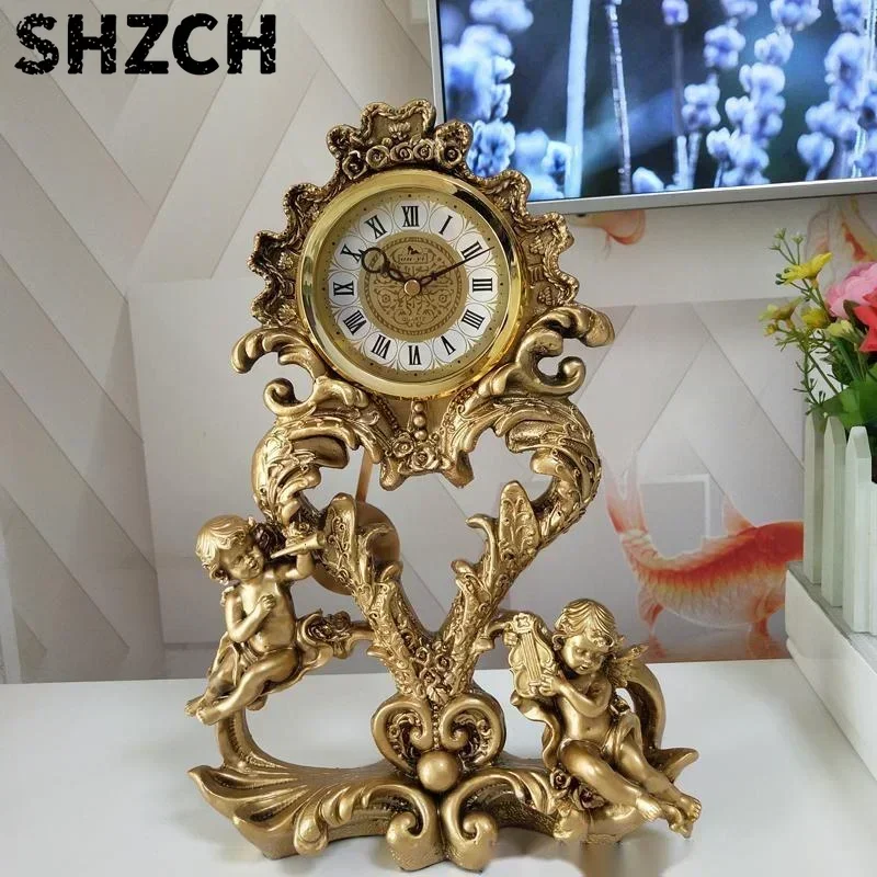 European Luxury Table Clock Antique Bronze Angel Desk Clocks Roman Column Pendulum Clock Study Attracting Wealth Retro Decor