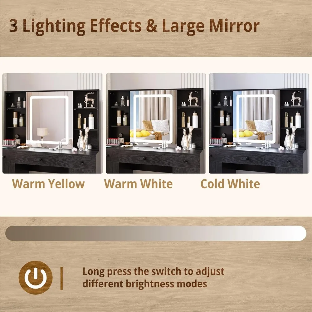 IRONCK Vanity Desk Set with Large LED Lighted Mirror & Power Outlet, 7 Drawers Vanities Dressing Makeup Table with Storage Bench