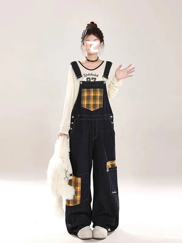 

Large Size 300 Pou Plaid Splicing Overalls Casual Wide Leg Straight Cut Men's Spring Sle Loose Fit Jeans Casual Wear