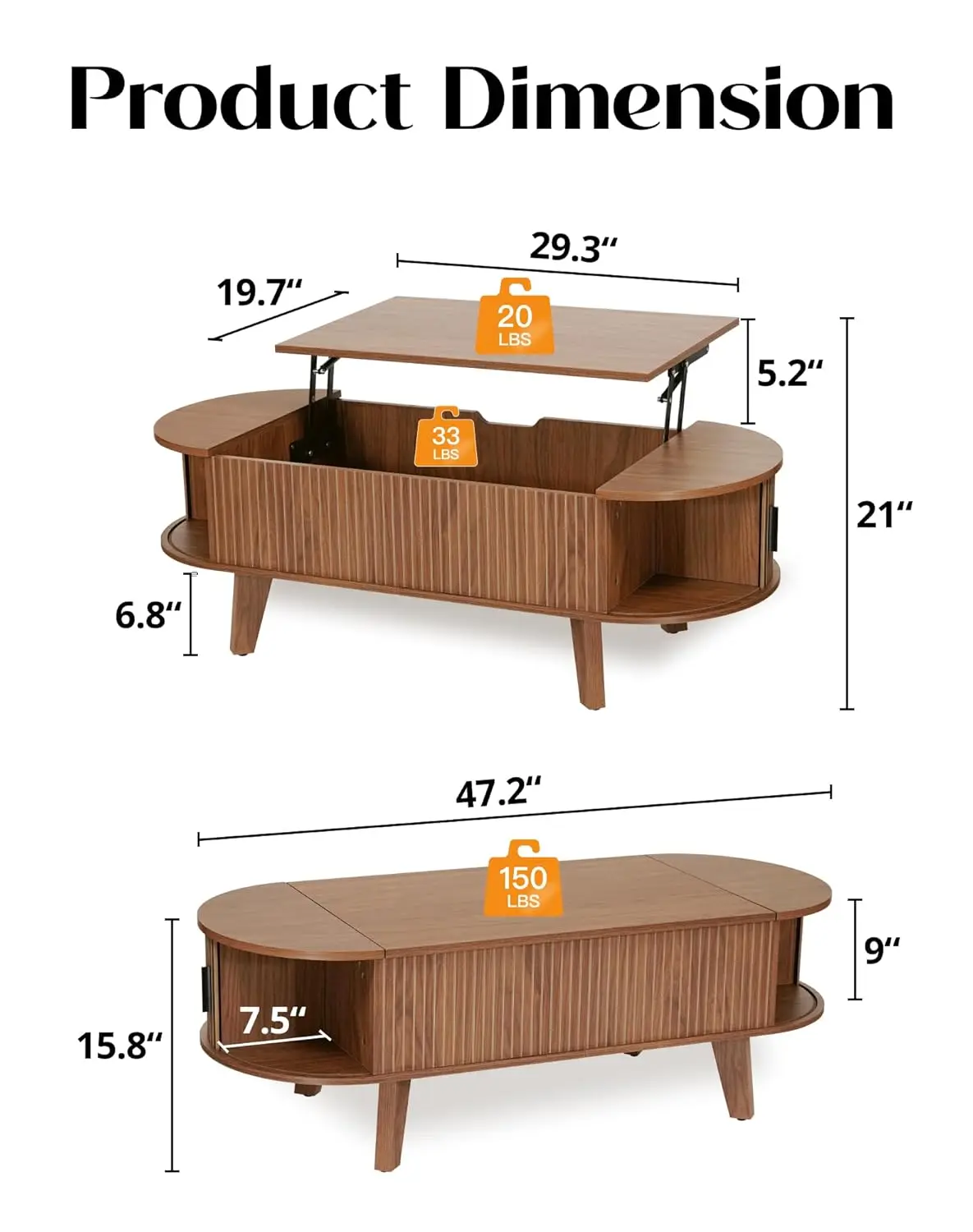 Oval Lift Top Coffee Table With Storage, 47.2" Mid Century Modern Living Room Center Table With 180° Sliding Tambou