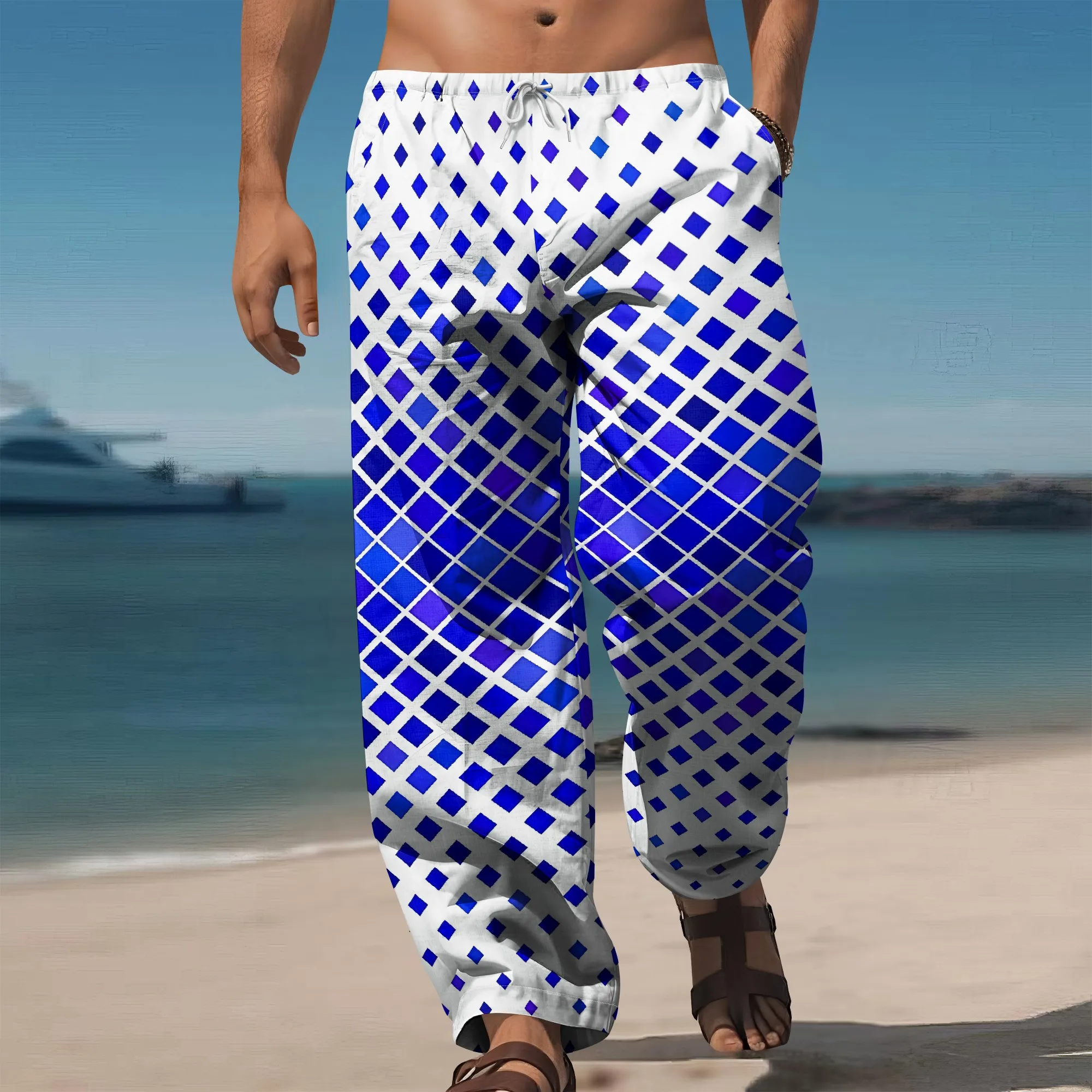 

YEAE Blue Diamond Grid Print Pants for Men Summer Casual Loose Drawstring Trousers