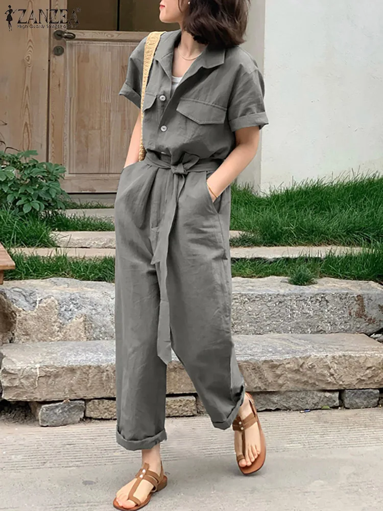 ZANZEA Solid Color Women\'s Jumpsuit Summer Short Sleeve Turn Down Collar Playsuit Femme Fashion Casual Loose Romper Oversized