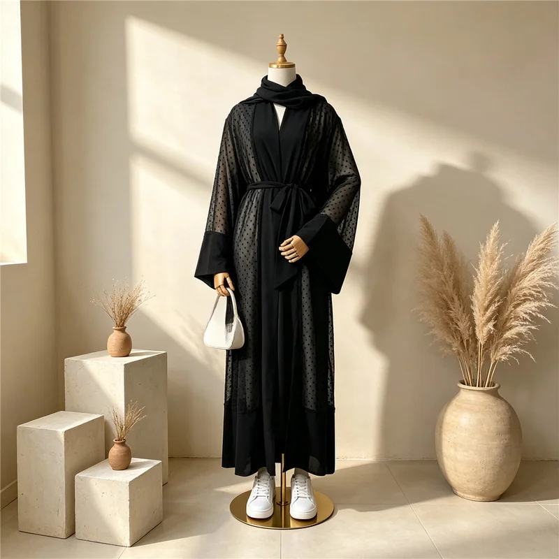 QICHE 2026 New Ladies Long Robe Fashion Chiffon Spliced Polka‑Dot Open‑Front Coat Dress With Headscarf