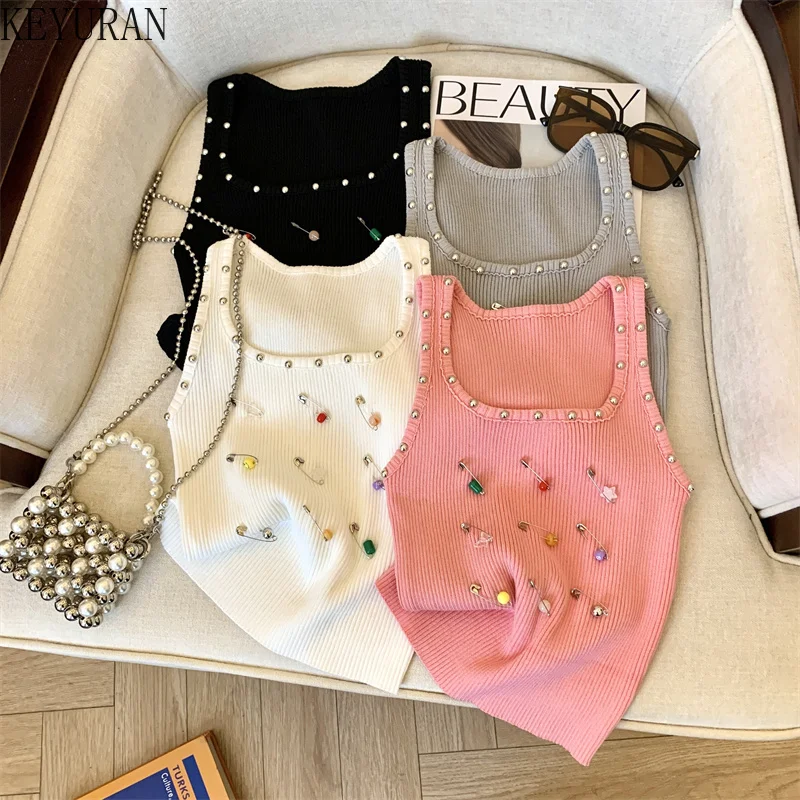 2024 Summer Knitted Vest  Women U-neck Sleeveless Sweater Short Tank Tops Femme pullover Knitting Sweet Knitwear Crop Top White