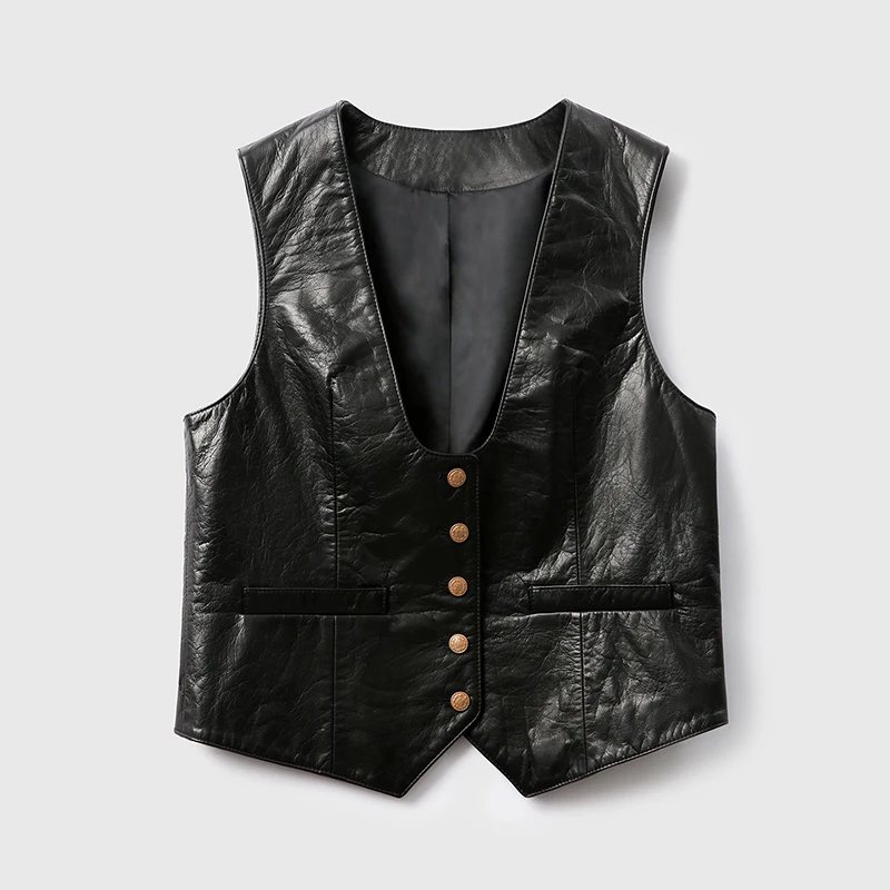 

Genuine Leather Waistcoat 2024 Fall Winter Retro Waxed Cowhide Single Breasted V-neck Sleeveless Vest Jacket Top For Women