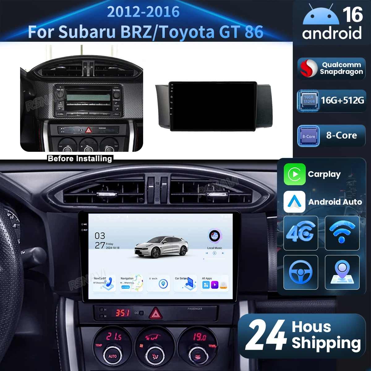 Radio multimedia para coche con Android 16 y Carplay para Subaru BRZ 2012-2016 y Toyota GT86, Qualcomm Stereo, 16G-512G, BT, 4G