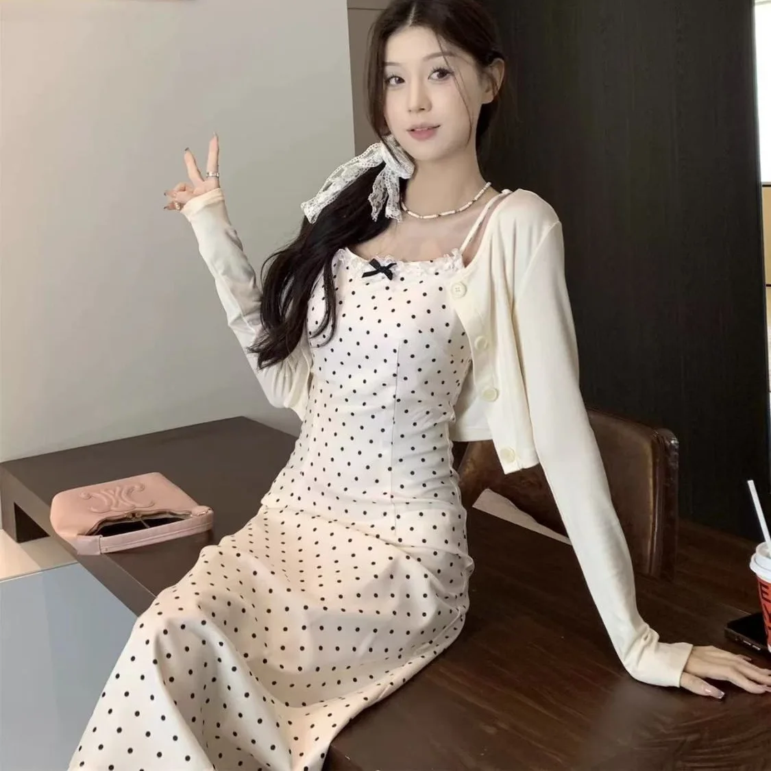 

Temperament Lace Collar Polka Dot Suspender Dress Women's Summer 2025 New Versatile Suit
