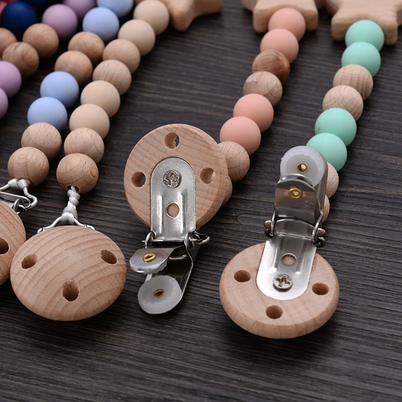 Wooden Pentagram Dummy Holder Chain Beech Wood Chew Bead Pacifier Clips For Baby Nursing Chew Teething Toy Nipple Soother Chain