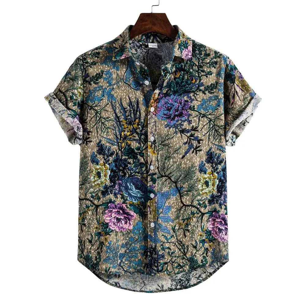 New Hawaiian Men's Summer Casual Flower Korean Retro Shirt Geometric Print Short Sleeve Button Top Loose Size