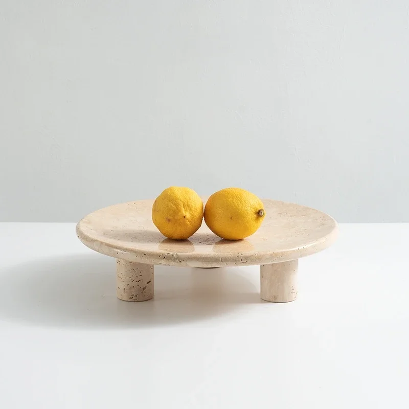 Wabi-sabi style Yellow Travertine Natural Stone Minimal Tripod Fruit Tray Soft Decoration Plate for Living Room Coffee Shop Home