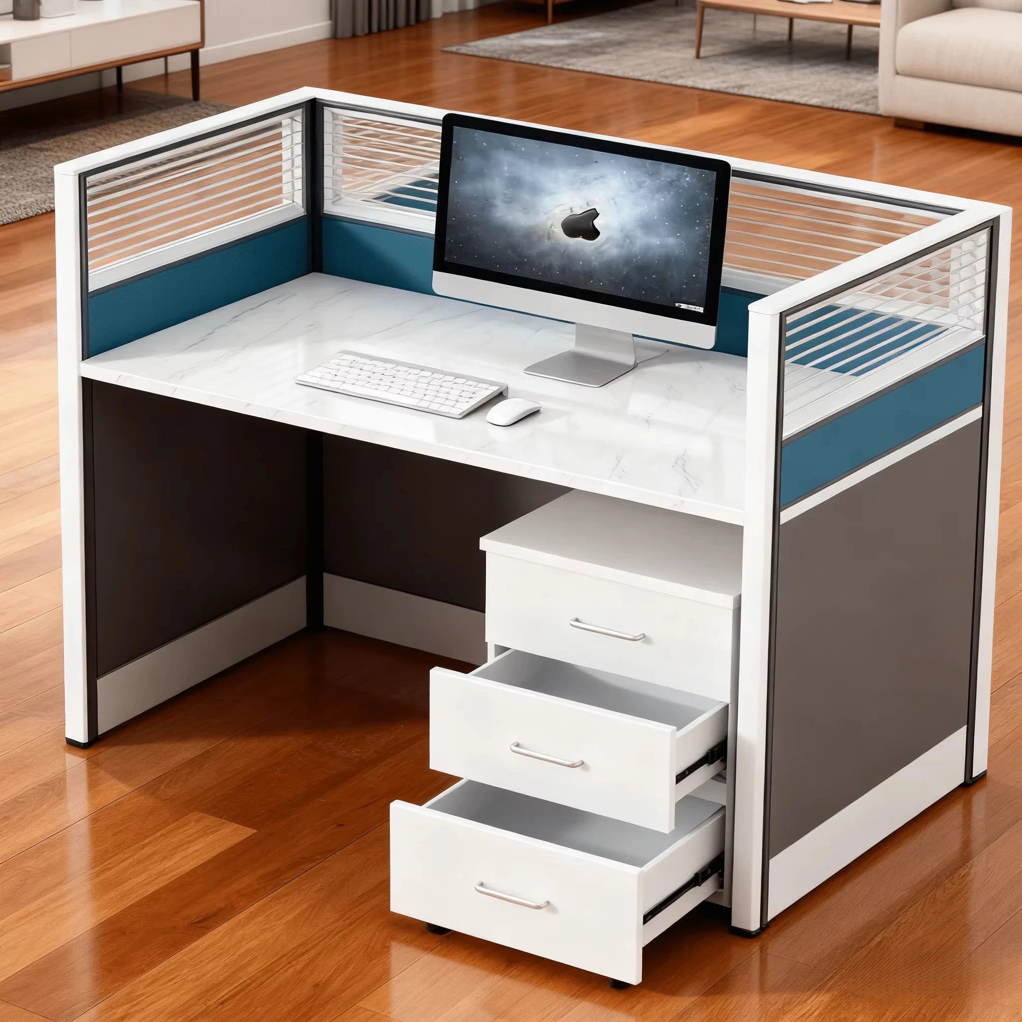 Modern Commercial Workstation Desks With Baffles, High-quality Blue Office Furniture For Companies