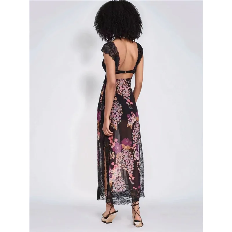 Asds-feminino renda retalhos malha maxi vestido floral impressão recorte querida pescoço sem costas fenda verão y2k vestidos longos