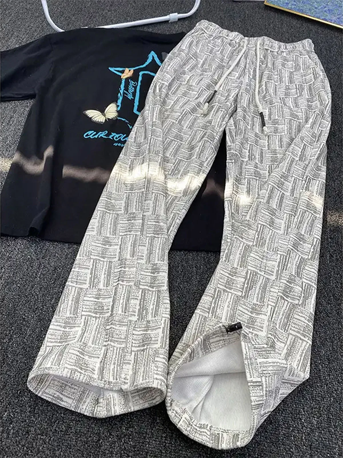 Heavyweight Plaid Tie-Dye Sweatpants Men's Breathable CleanFit Straight Casual Loose Wide Leg Long Pants Summer Leisure