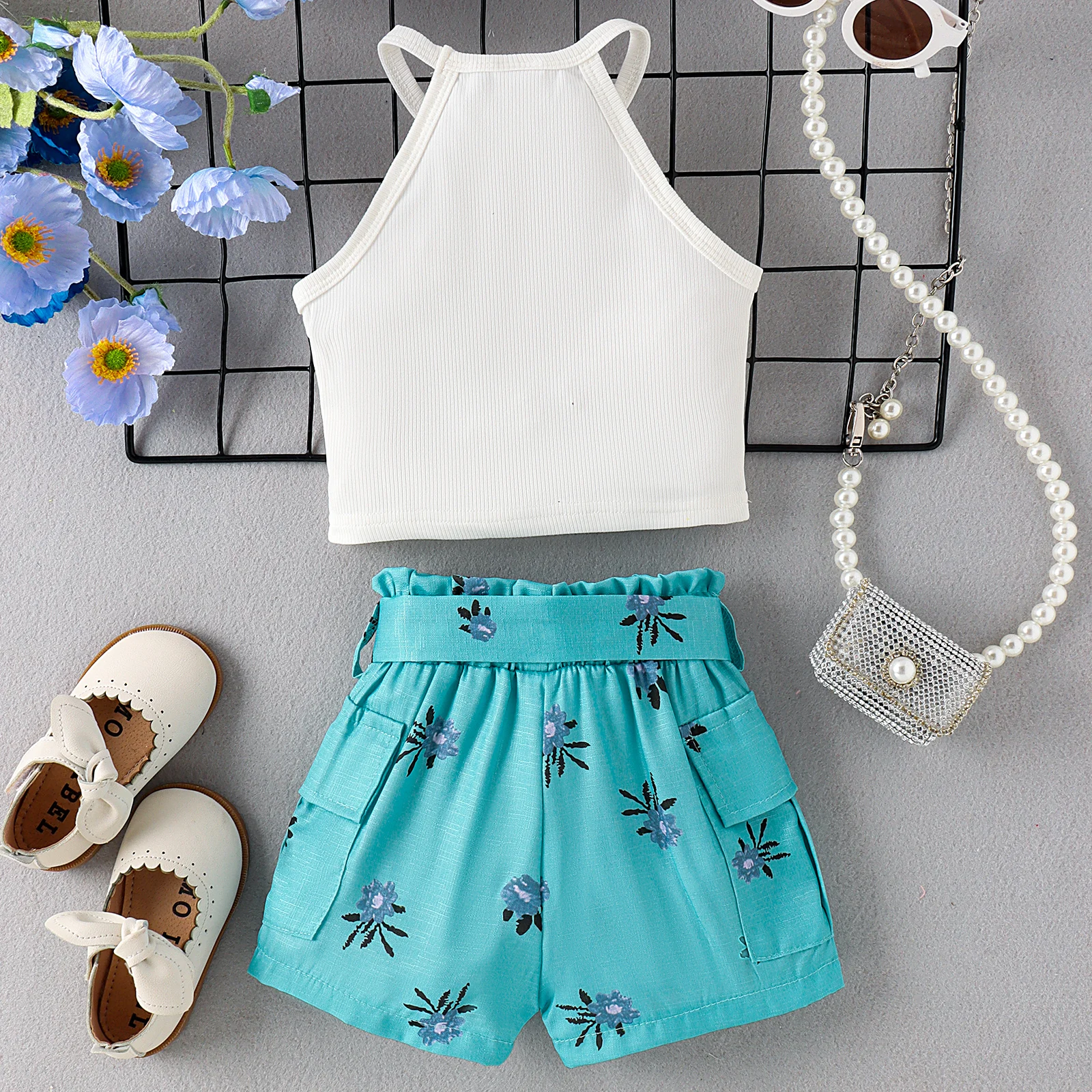 2PCS Summer Baby Girls 0-4 Years Old Soft And Comfortable Simple White Striped Top + Blue Printed Shorts