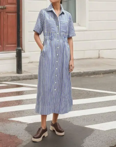 Classic Striped Print Lapel Slim Fit Lace Up Waist Dress for Summer Women's Casual Simple A-Line Short Sleeved Shirt Dress