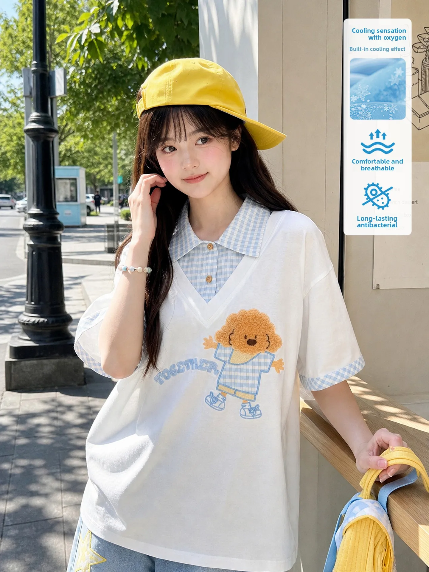 Cute Embroidered Dog T-Shirt Women's Loose Short Sleeve Summer Cool Feeling Cotton Blend Sweet Style Fairy Tale Pattern