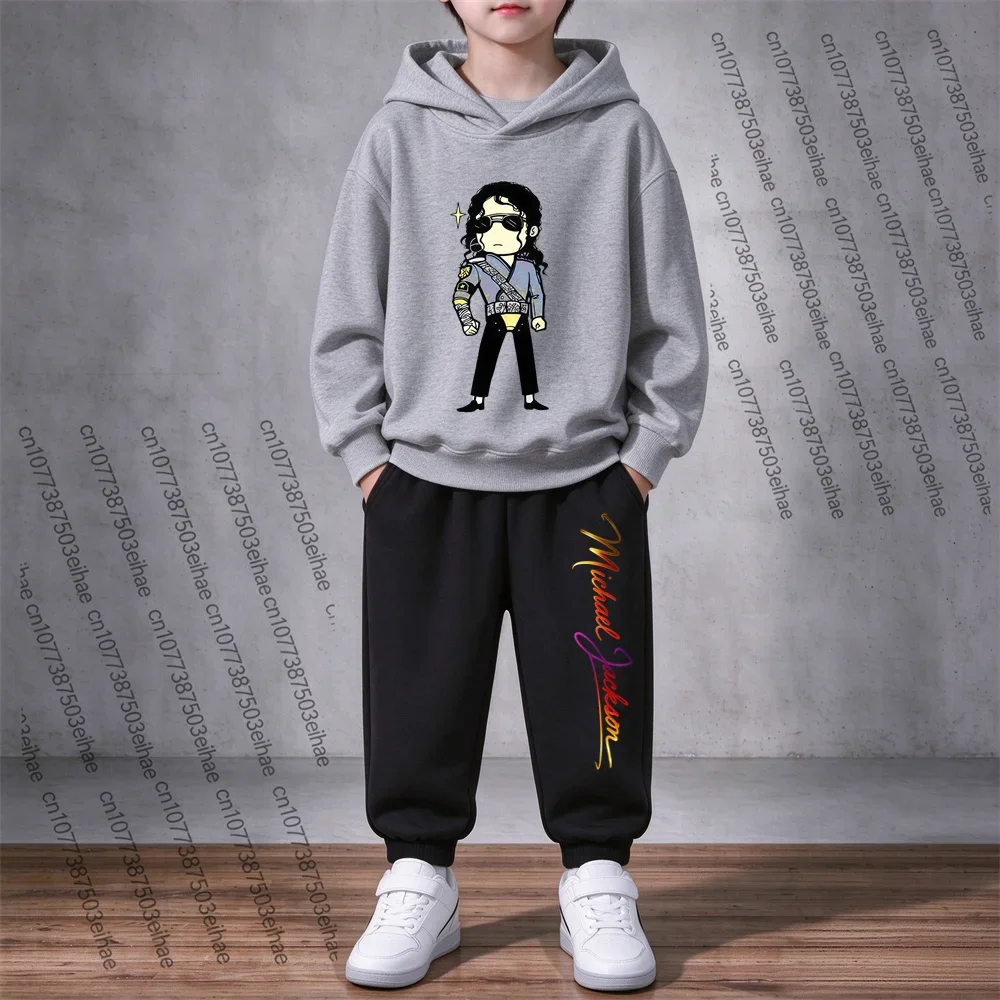 Michael Jackson Print Children Two-Piece Outfit 3-12Y Boys Girls Autumn Long Sleeve Hooded Sweatshirt Jacket And Trousers Set