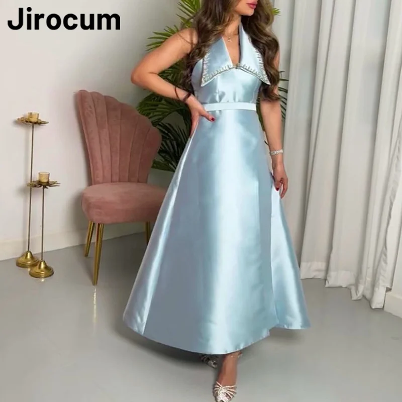 

Jirocum Beaded Halter Prom Dresses Women's Backless A-Line Party Evening Gown Satin Ankle Sleeveless 2025 Formal Occasion Dress