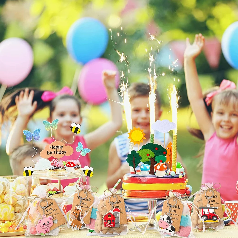 16 set  farm animal party gifts with keychain kraft paper label white transparent hard gauze bag birthday school carnival reward