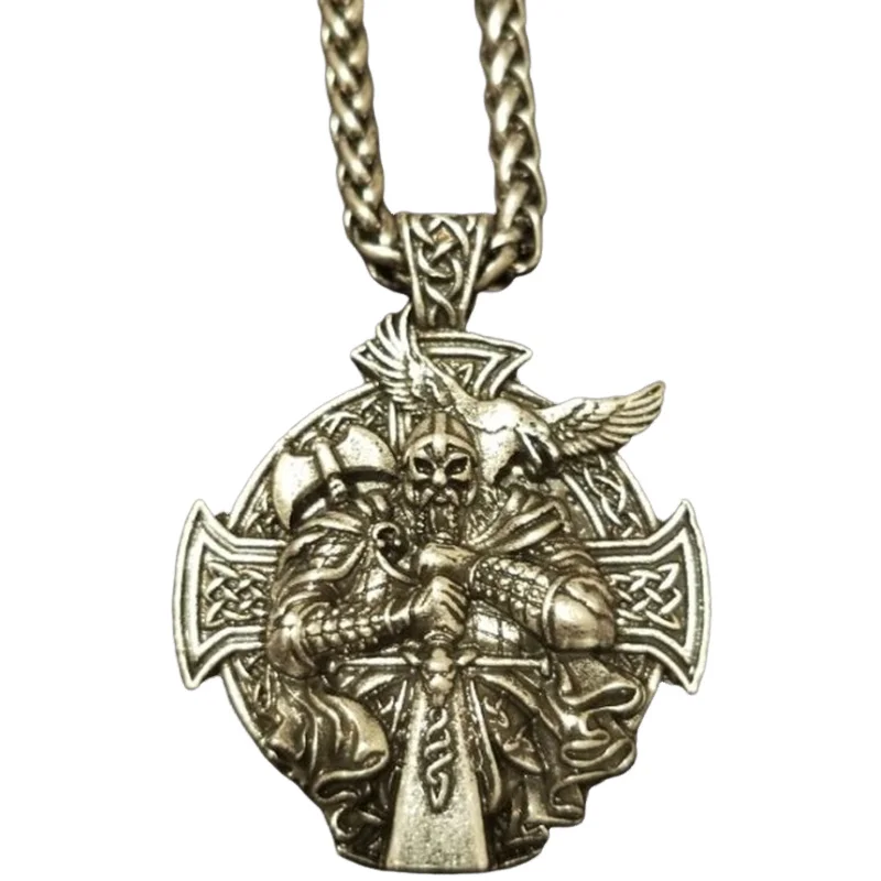 Nordic Mythology Odin God Pendant Necklace for Men Cross Crow Pendant Necklace Retro Trend Jewelry Gift