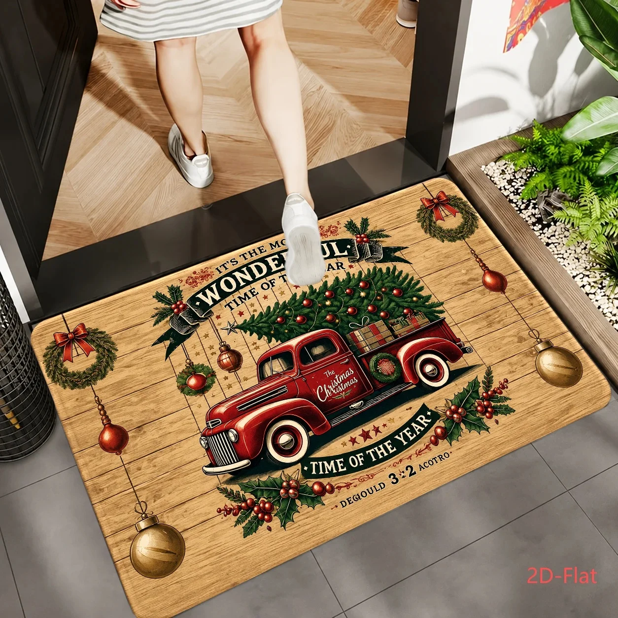 Country Red Truck Wood Grain Anti Slip Front Porch doormat Wreath Bauble Pine Tree Wonderful Year Xmas Seasonal Entryway Mat