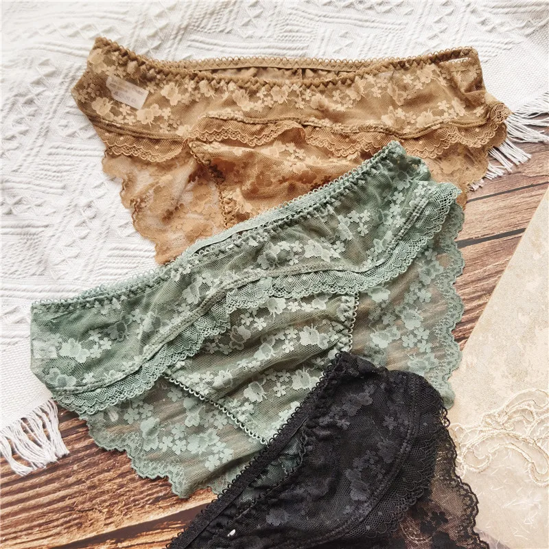 European and American All Lace Retro Color Scheme Sexy Flower Lace Mesh Cute Alluring Low Waisted Underwear WOMEN Panties