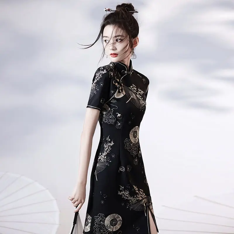 Summer Women Print Flower Cheongsam Sexy Mini Qipao Traditional Chinese Party Dress Oriental Young Girls Daily Qi Pao Vestidos