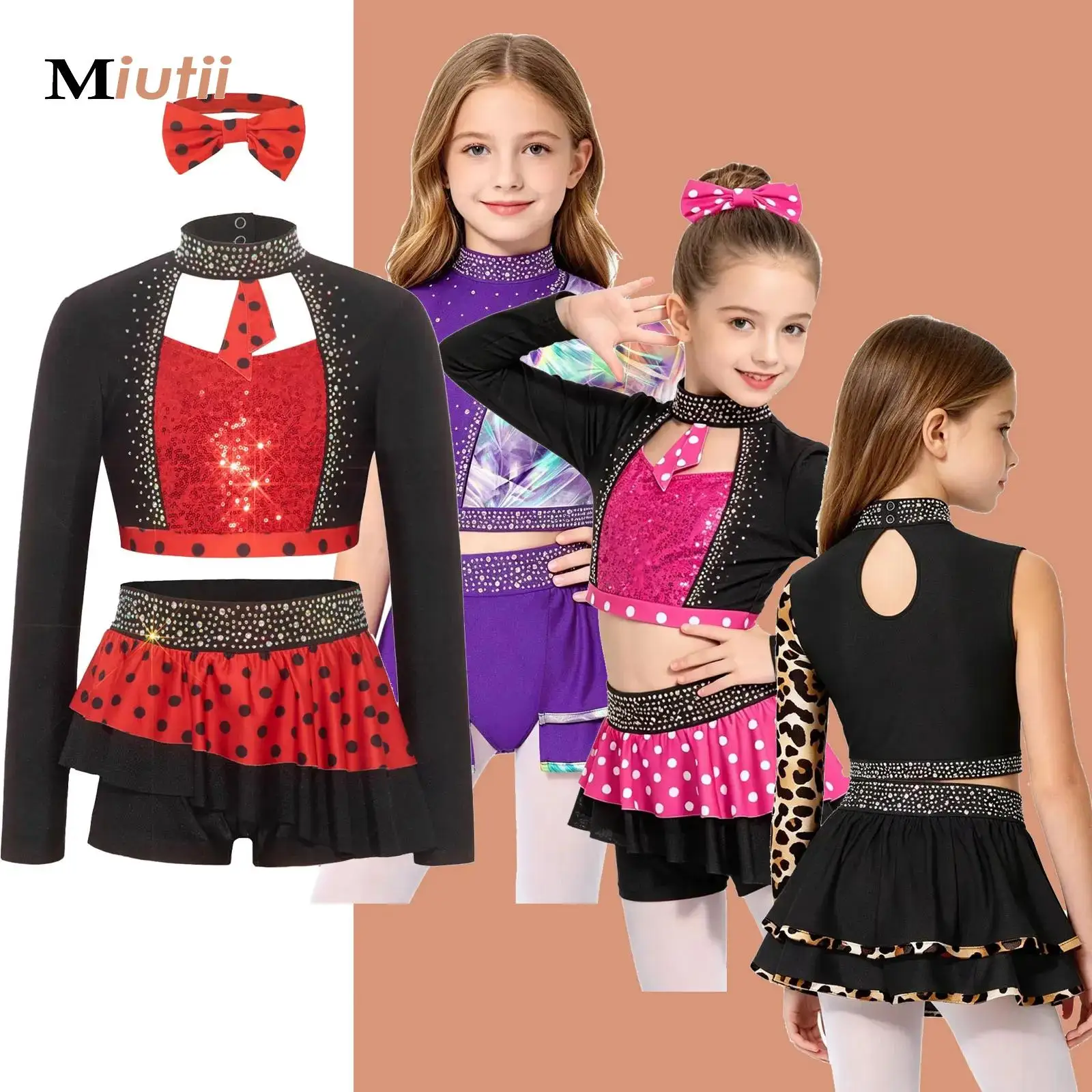 

Girls Sequins Rhythmic Gymnastics Dancewear Ballet Latin Dance Leotard Bodysuit Dress Jazz Dancing Performance Clothes Set