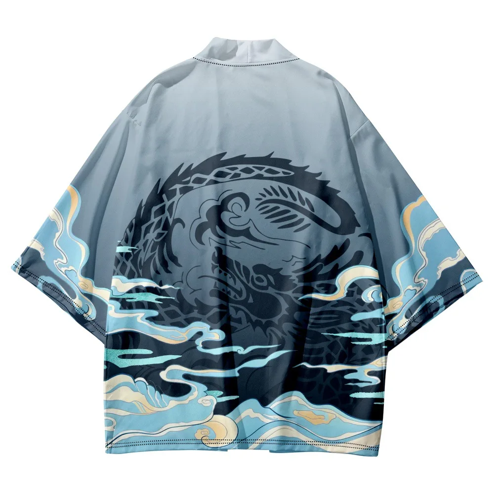 Summer Beach Kimono Anime Dragon Printed 3/4 Sleeve Shirt Haori Fashion Kimono Yukata Men