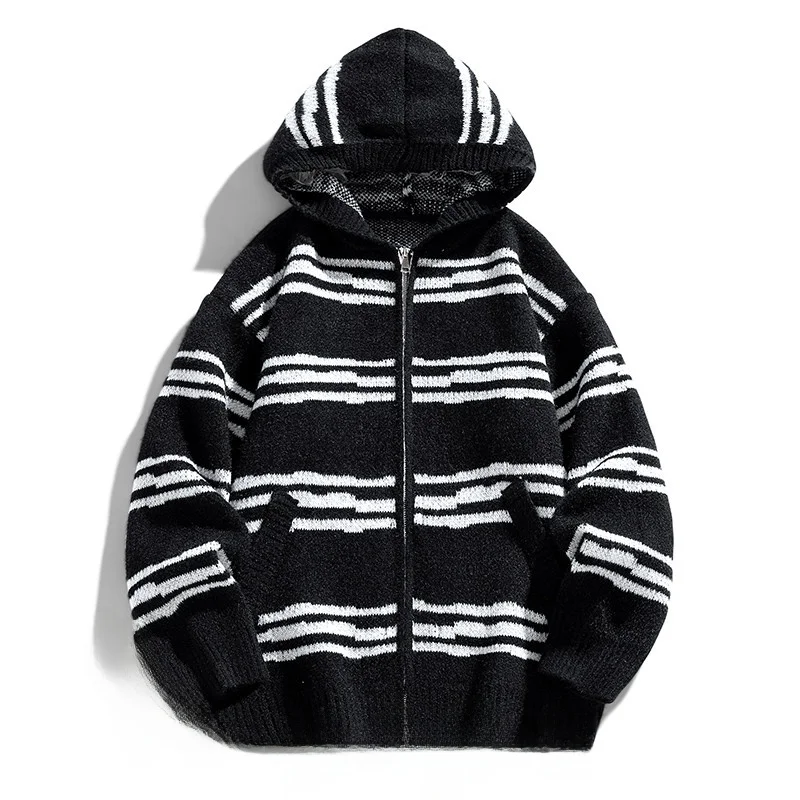 

Retro Striped Knitted Cardigan Men's Spring Warm Hooded Casual Color Blo Sweater Jaet Polyester Fiber High Street Sle