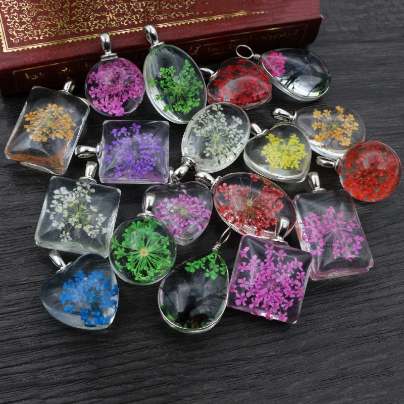 5pcs Oval/Drop/Heart/Square/Round Crystal Glass Flower Necklace Pendant DIY Jewelry Making Findings Supplies