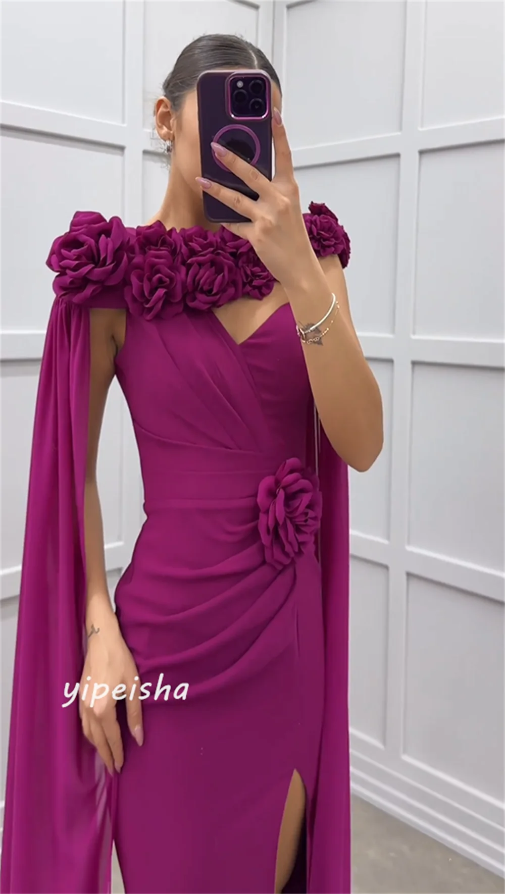 Ruched Mermaid Beach Dress, V-Neck Jersey, Vestido de flores para ocasiões personalizadas, vestidos longos