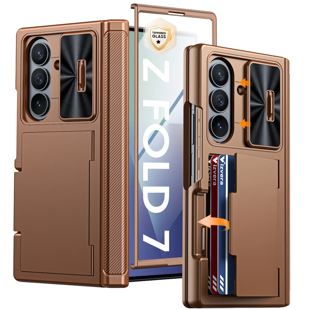 

for Samsung Galaxy Z Fold 7 Phone Case,with Card Holder, HD Protector,Slide Camera Cover,Rugged Wallet Phone Case-Gold