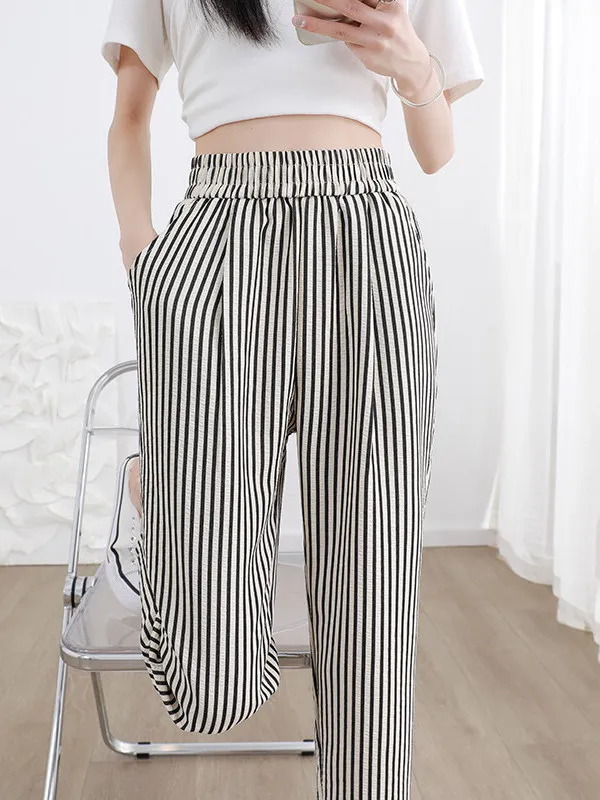 Ice Silk Stripe Casual Pants Women Summer Thin Harlan Loose Slimming Eight Nine Points Harlan Pants High Waist Other Material