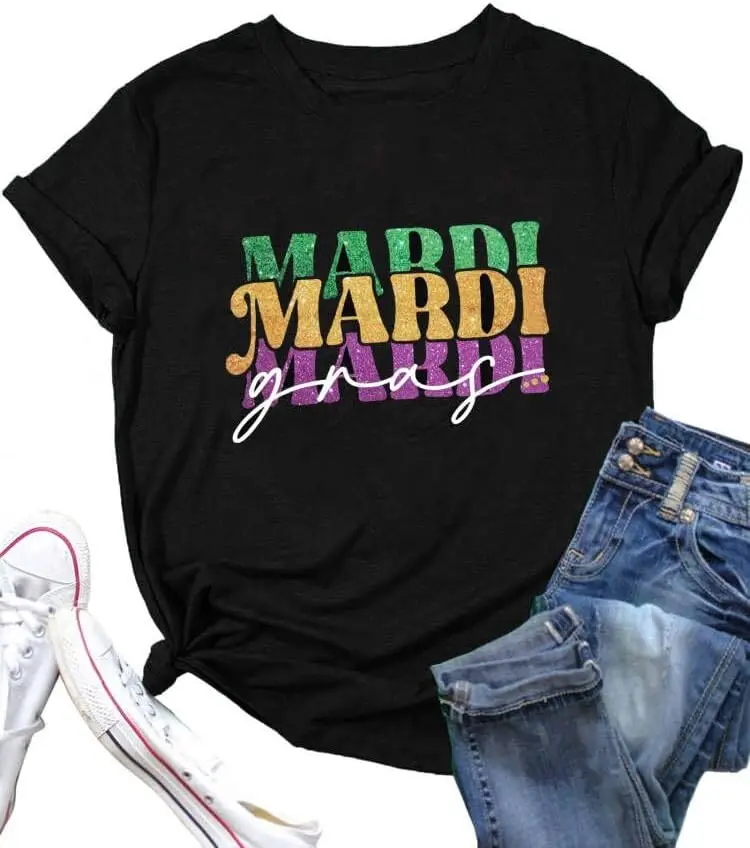 Mardi Gras Shirt for Women Carnival Party Costume Mask Fleur-de-lis Graphic Casual Short Sleeves Tee Tops